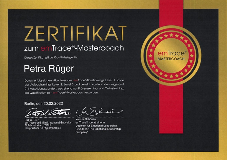 finanzhaus rueger, Petra Rüger, Zertifikat emTrace Mastercoach